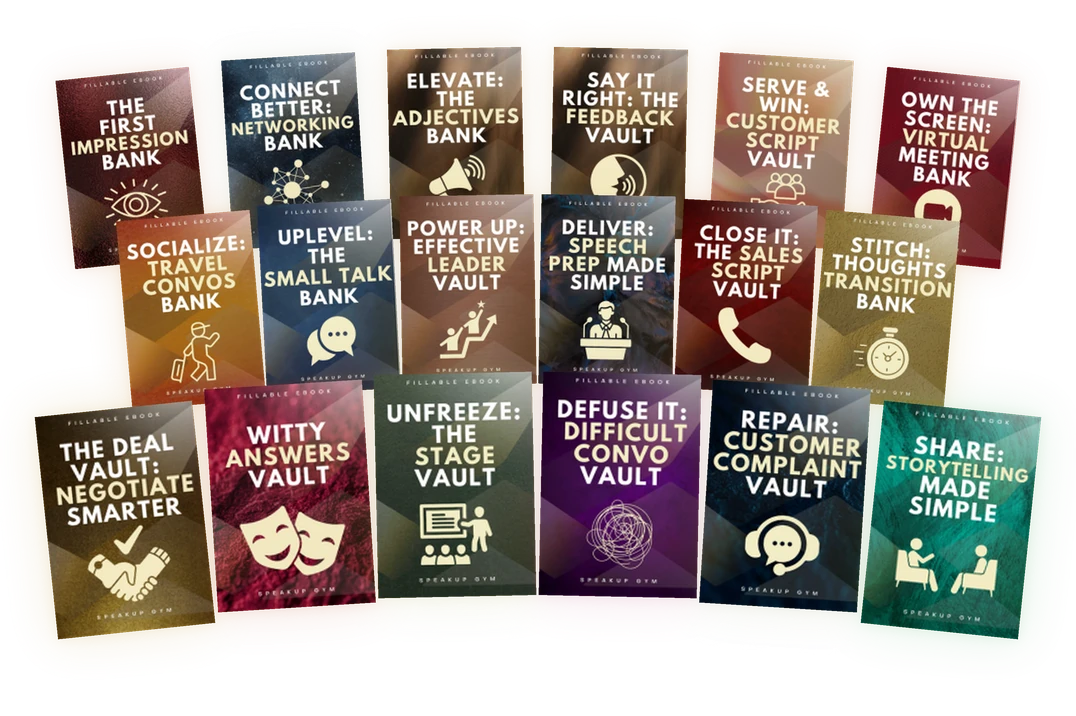 Eighteen SpeakUp Gym eBook covers fanned out